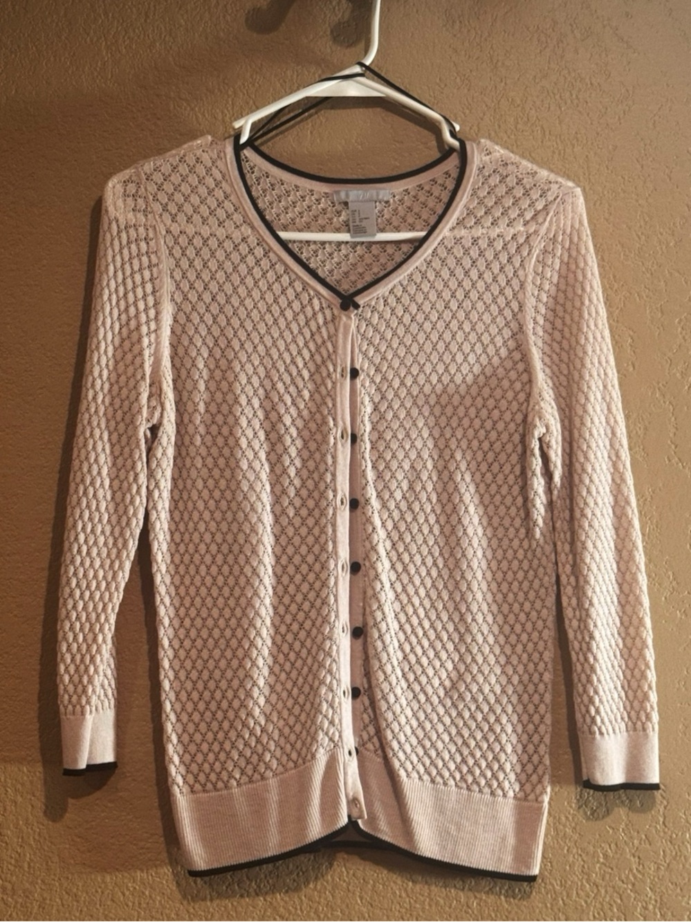 H&M Light Pink Textured Button-Front Cardigan with Black Trim Size Small